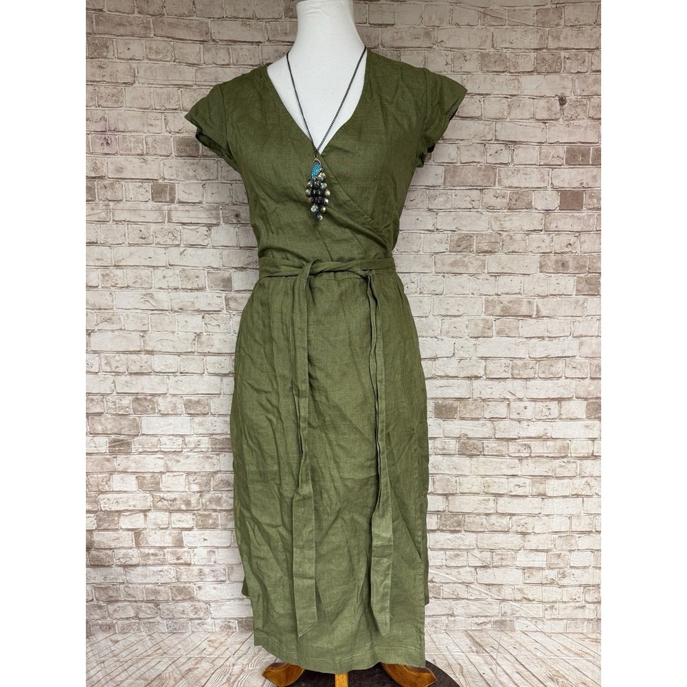 Voloshin Green Wrap Belted Midi Dress‎ Linen Short Sleeve Sz XS